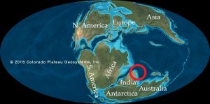 A map of the continents as they were arranged ~150 million years ago, during the Late Jurassic. The red circle indicates roughly where the Spiti Shales were deposited. (Ronald Blakey via Deep Time Maps, modified)