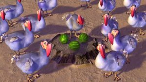 A group of dodos around a tree stump with three watermelons. From the film Ice Age.