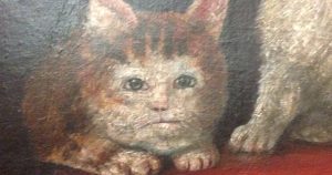 A medieval painting of a cat with a distinctly human face.