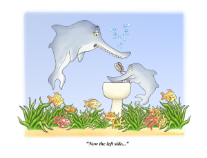 A cartoon of a parent and child sawfish over a basin. The child is holding a toothbrush. The caption reads "Now the left side..."