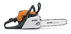Image of a small chainsaw with an orange body and grey saw.