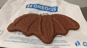 A chocolate biscuit bat from Gregg's