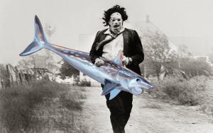 An image of Leatherface from Texas Chainsaw Massacre using a Helicoprion reconstruction in place of a chainsaw