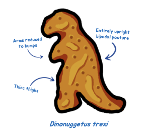 A labelled diagram of a Tyrannosaurus shaped Turkey Dinosaur. Labels read: Arms reduced to bumps. Entirely upright bipedal posture. Thicc thighs.